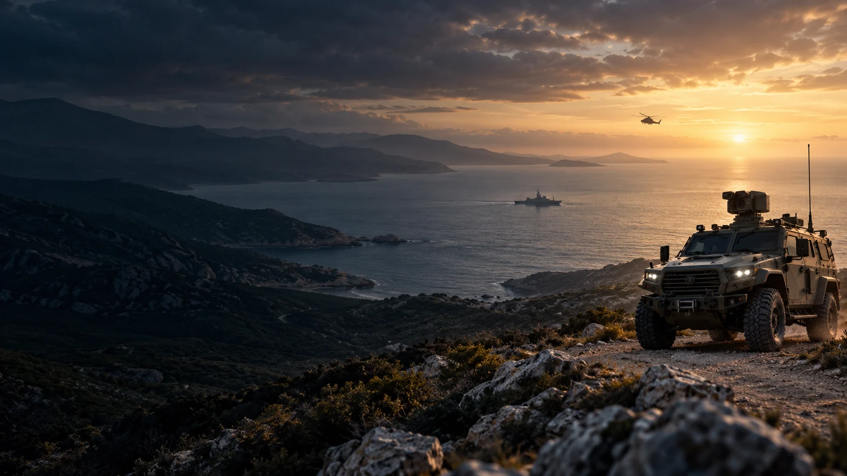 Savunma ve güvenlik alanlarını anlatan temsili kara, hava ve deniz sahnesi